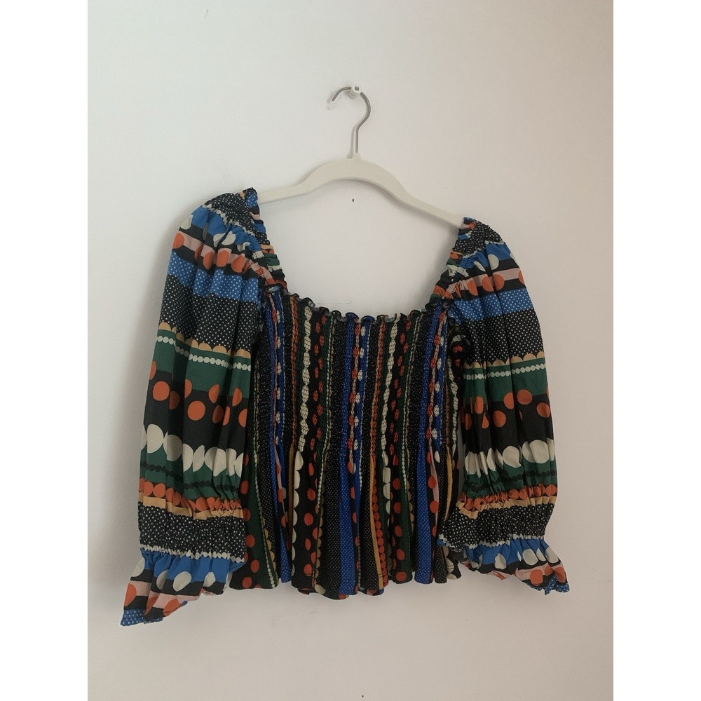 Anthropologie Conditions Apply Smocked Puff Sleeve Top SzXS Polka Dot Multicolor